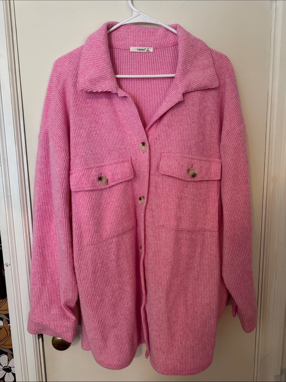 Zenana Outfitters Pink Oversized Button-Front Shacket with Flap Pockets
